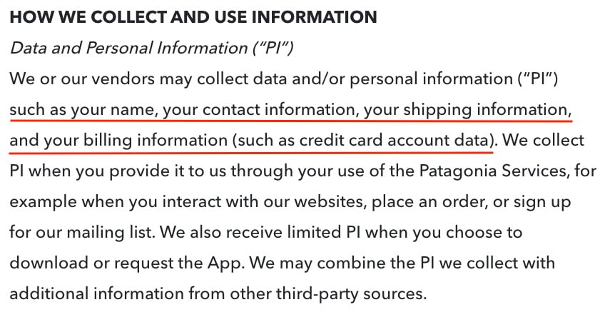 Patagonia Privacy Policy: How we collect and use information clause