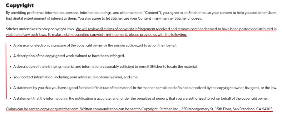 Stitcher Terms and Conditions: Copyright clause