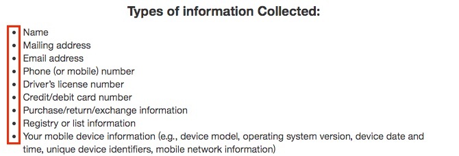 Target Privacy Policy: Types of Information Collected clause excerpt