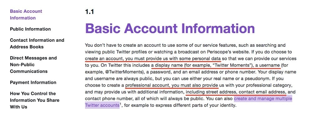 Twitter Privacy Policy: Basic Account Information clause