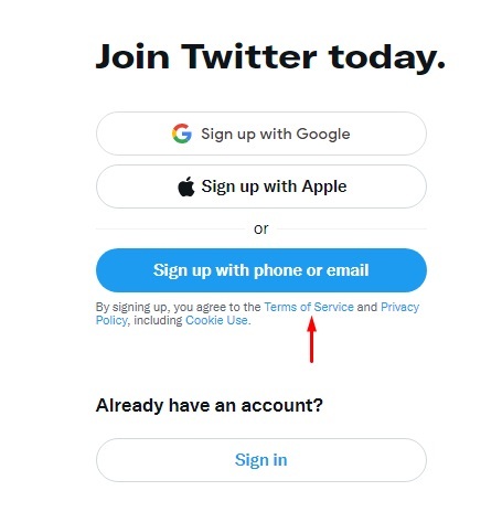 Twitter sign-up form with Terms of Service link highlighted
