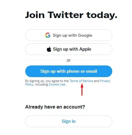 Twitter sign-up form with Terms of Service link highlighted