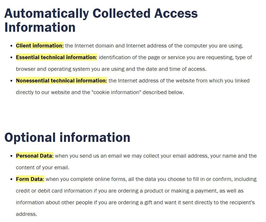 University of Virginia Privacy Policy: Automatically Collected Access Information and Optional Information clauses