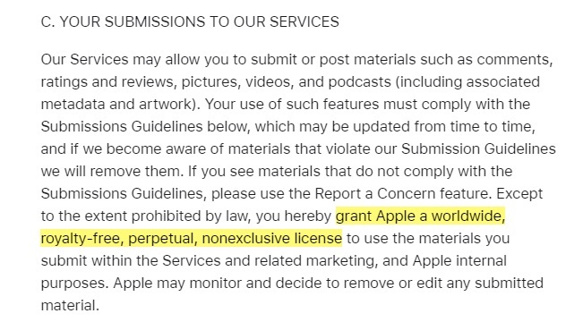 Apple Media Services Terms and Conditions: Your Submissions to Our Services clause