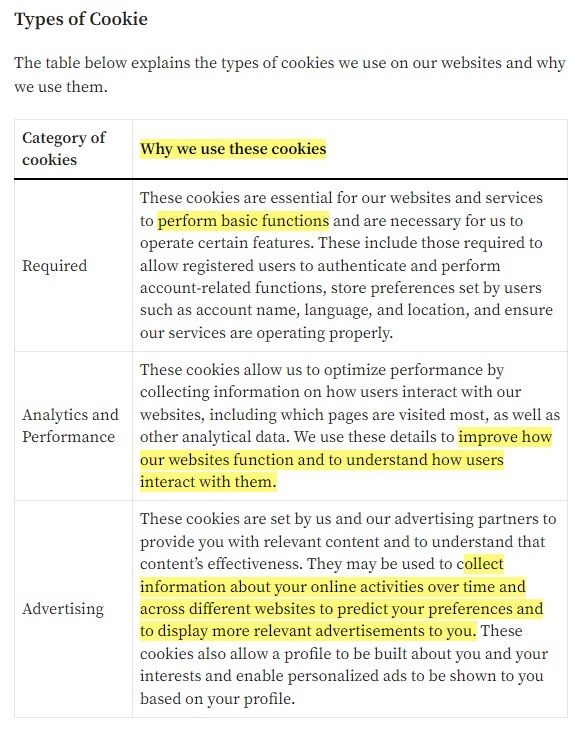 Automattic Cookies Policy: Why we use these cookies chart