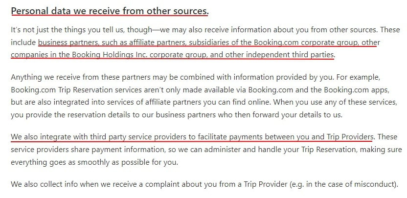 Booking Privacy Statement: Personal data we receive from other sources - Third party clause excerpt