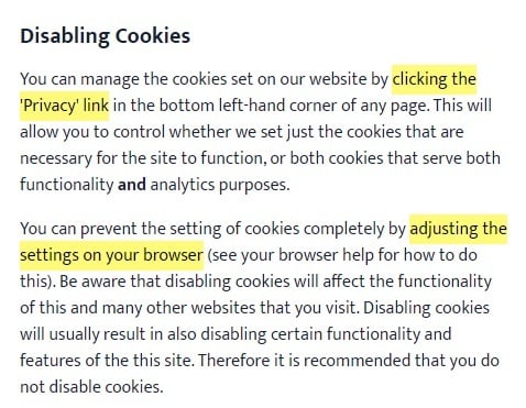 Business and Human Rights Resource Centre Data Usage and Cookies Policy: Disabling Cookies clause