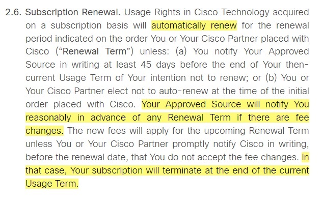 Cisco EULA: Subscription Renewal clause