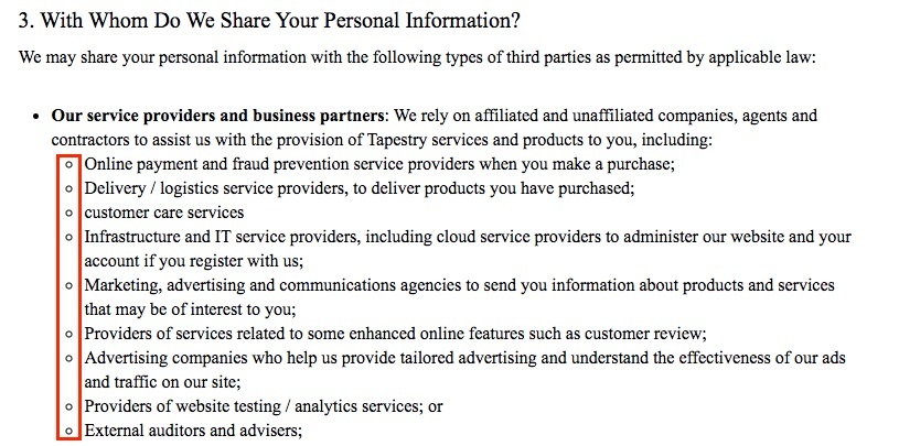COACH Privacy Policy: With Whom Do We Share Your Personal Information clause excerpt