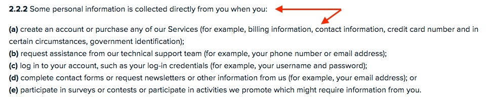 DreamHost Privacy Policy: Personal information collected directly from you clause