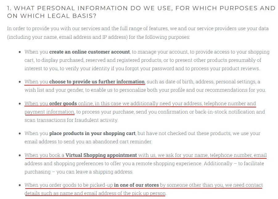 Fossil Privacy Policy: What personal information do we use, for which purposes and on which legal basis clause excerpt