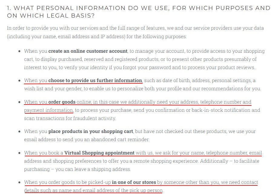 Fossil Privacy Policy: What personal information do we use, for which purposes and on which legal basis clause excerpt