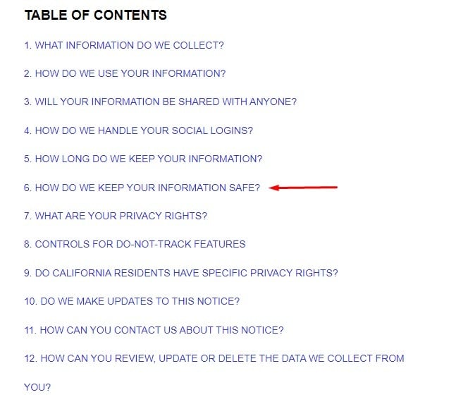 Glass House London Privacy Policy table of contents with Security clause highlighted