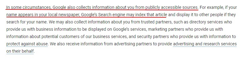 Google Privacy Policy: Collect information from publicly accessible sources clause