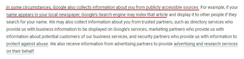 Google Privacy Policy: Collect information from publicly accessible sources clause