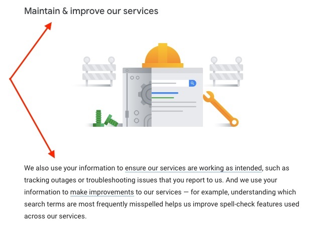 Google Privacy Policy: How we use data clause - Maintain and improve services section