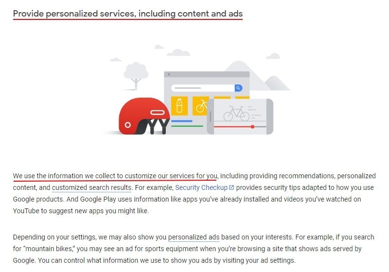 Google Privacy Policy: How we use data clause - Provide personalized services section