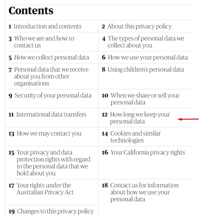 The Guardian Privacy Policy Table of Contents: How long we keep your personal data section highlighted