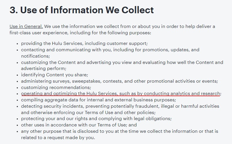 Hulu Privacy Policy: Use of Information We Collect clause - Analytics and research section highlighted