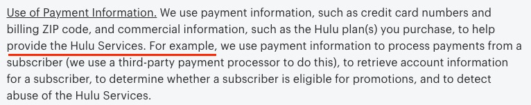 Hulu Privacy Policy: Use of Information We Collect clause - Use of Payment Information section
