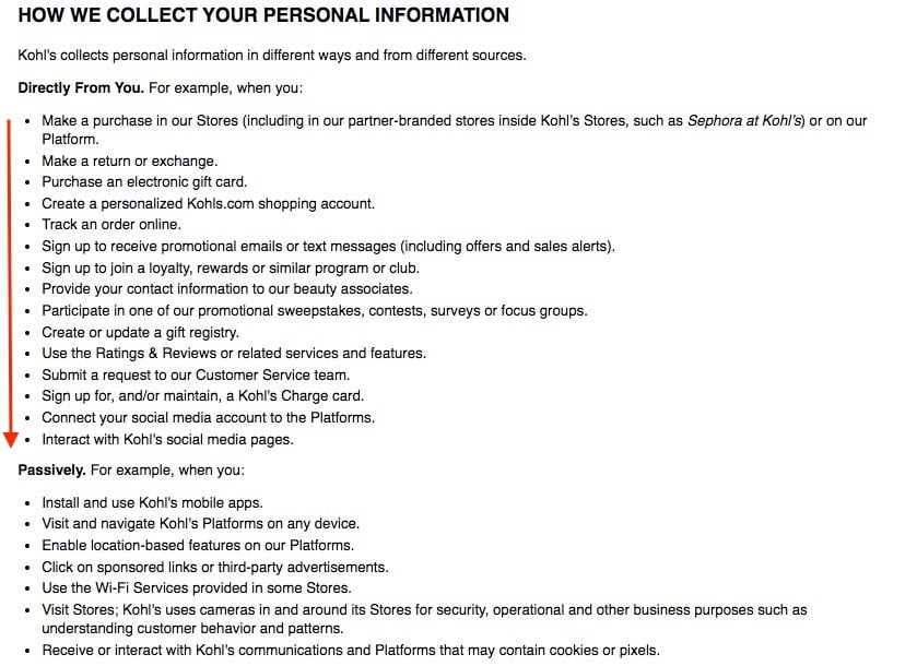 Kohls Privacy Policy: How we collect your personal information clause - Directly from you and Passively sections