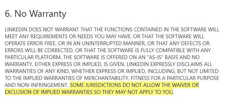 LinkedIn EULA: No Warranty clause