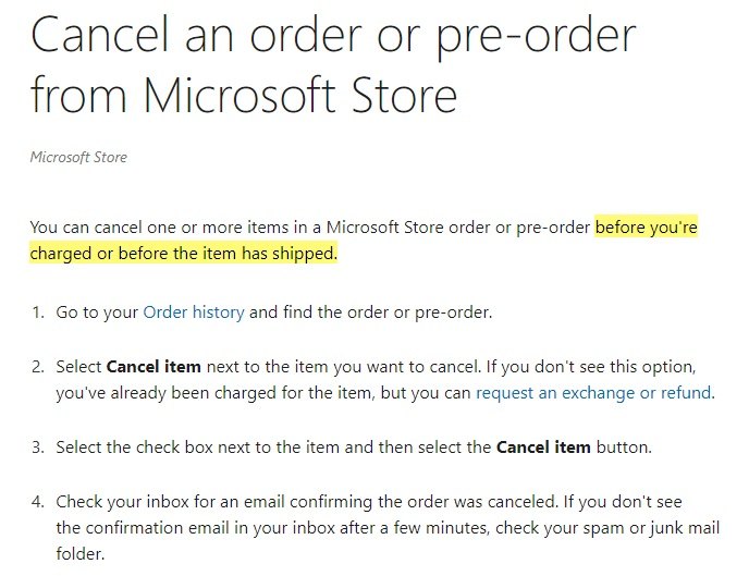Microsoft Cancel an Order page: Before charged or item has shipped section highlighted