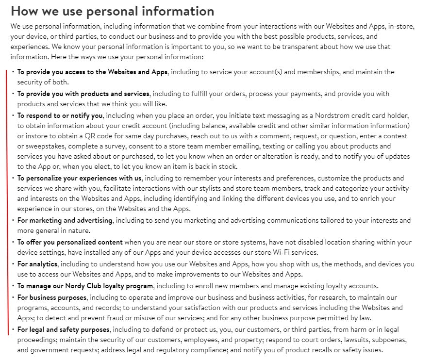 Nordstrom Privacy Policy: How we use personal information clause