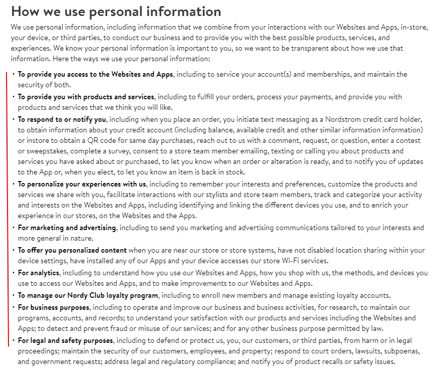 Nordstrom Privacy Policy: How we use personal information clause