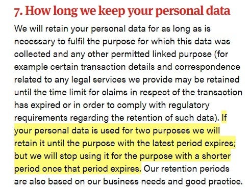 Norton Rose Fulbright Privacy Notice: How long we keep your personal data clause