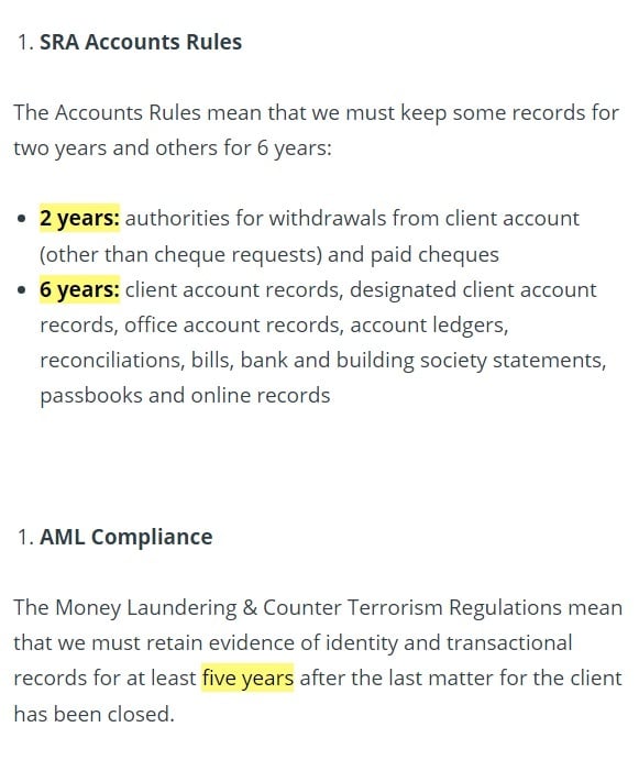 Novum Law Data Retention and Destruction Policy: SRA Accounts and AML Compliance sections