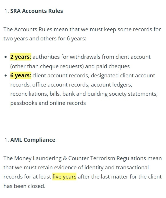 Novum Law Data Retention and Destruction Policy: SRA Accounts and AML Compliance sections