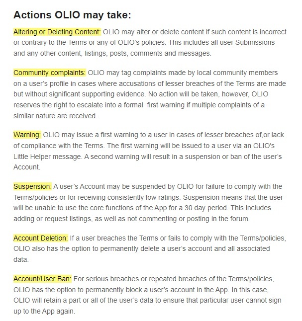 OLIO Acceptable Use Policy: Actions OLIO may take clause