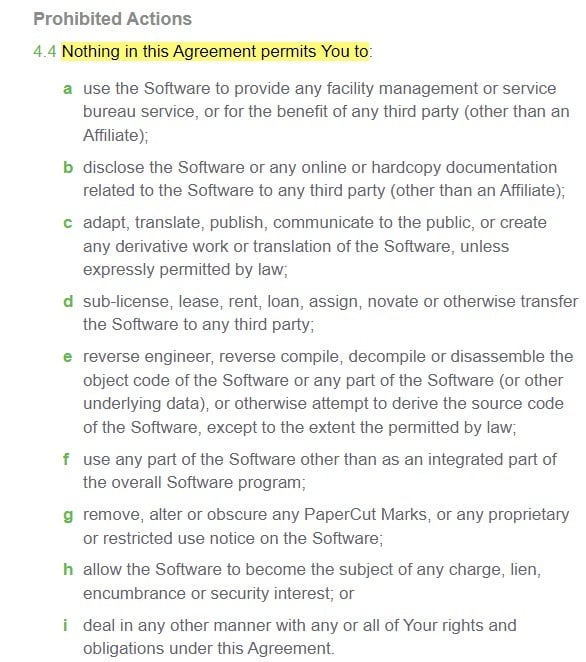 PaperCut EULA: Prohibited Actions clause