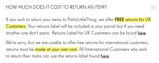 Pretty Little Thing Returns Policy: How much does it cost to return section