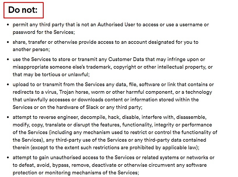 Slack Acceptable Use Policy: Do Not clause excerpt