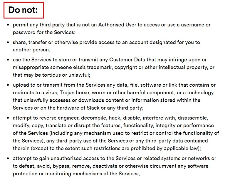 Slack Acceptable Use Policy: Do Not clause excerpt