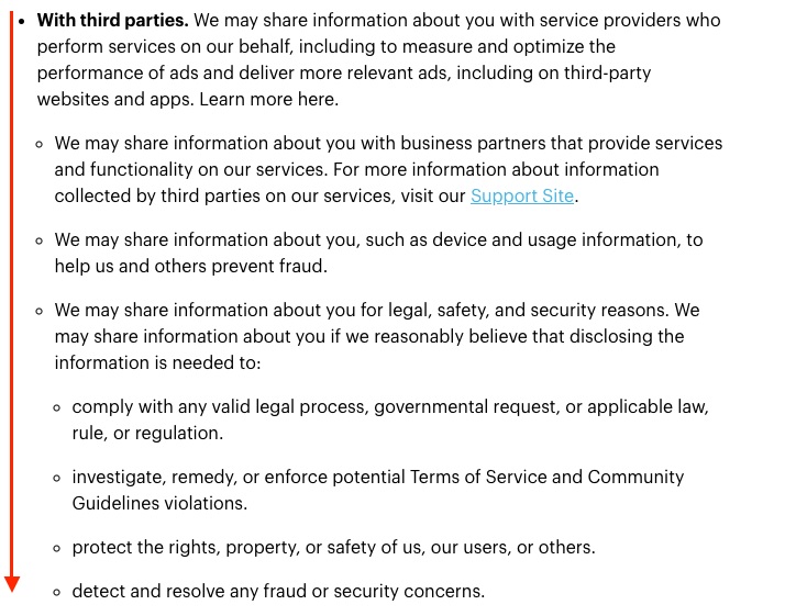 Snapchat Privacy Policy: How We Share Information clause - Third Party excerpt