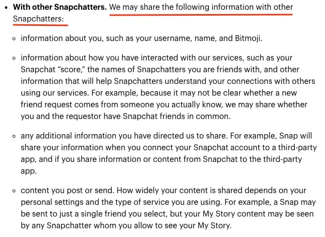 Snapchat Privacy Policy: How We Share Information clause - With Other Snapchatters excerpt
