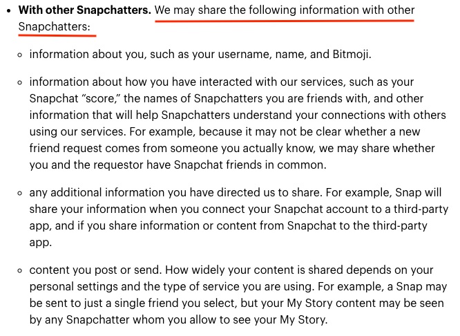 Snapchat Privacy Policy: How We Share Information clause - With Other Snapchatters excerpt