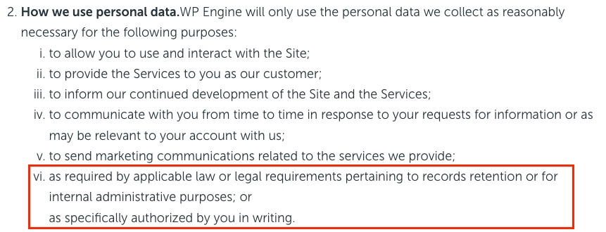 StudioPress Privacy Policy: How we use personal data clause - Required by law section highlighted