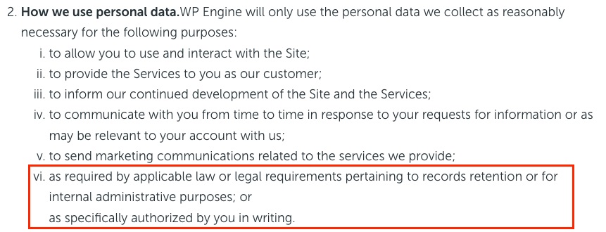 StudioPress Privacy Policy: How we use personal data clause - Required by law section highlighted