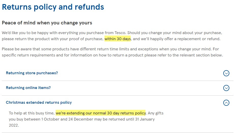 Tesco Returns Policy: Time frame section highlighted