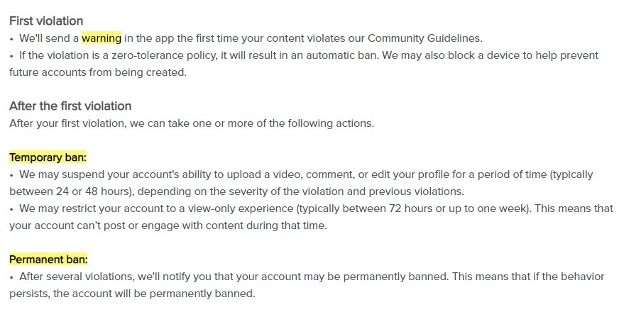 TikTok Content Violations and Bans Policy: Violations list