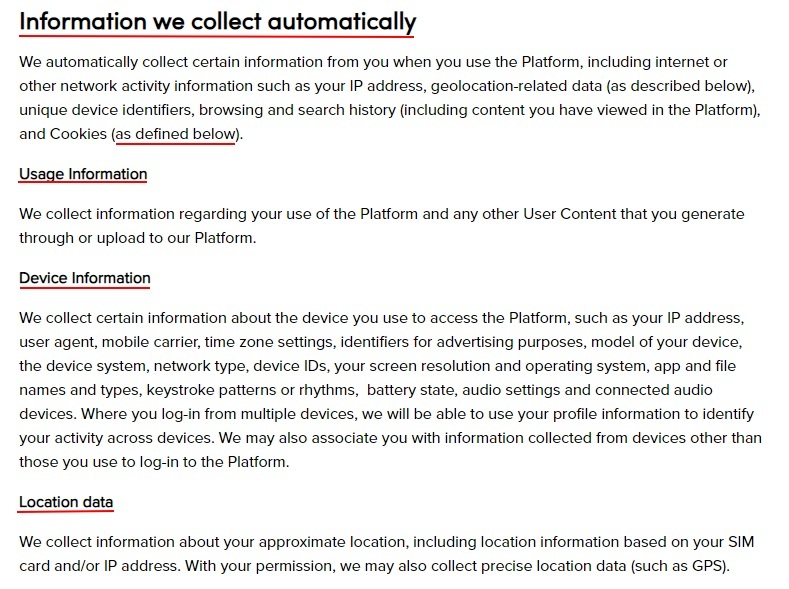 TikTok Privacy Policy: Information we collect automatically clause excerpt