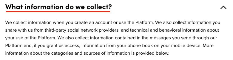 TikTok Privacy Policy: What information do we collect clause