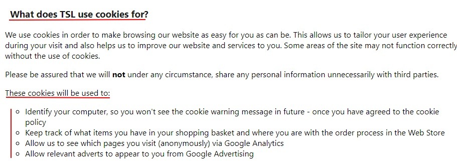 TSL Timing Cookies and Privacy: What does TSL use cookies for clause