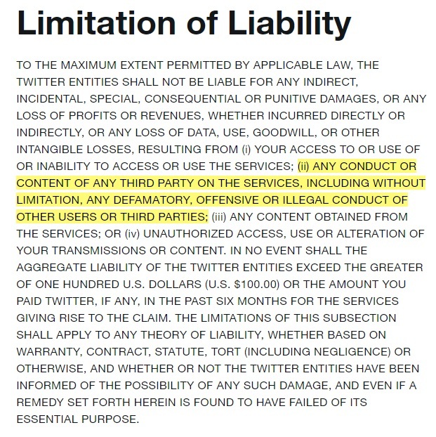 Twitter Terms of Service: Limitation of Liability clause with Conduct and content section highlighted