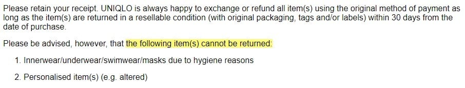 Uniqlo Return Policy: Items that cannot be returned section highlighted