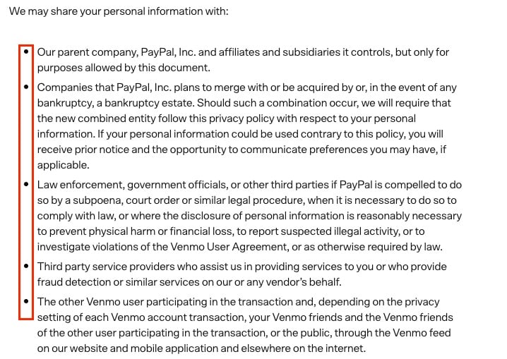 Venmo Privacy Policy: How We Share Personal Information With Other Parties clause list excerpt